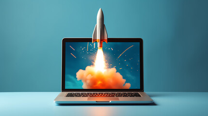 a rocket taking off from a laptop - obrazy, fototapety, plakaty