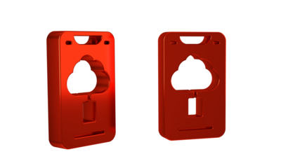 Red Cloud technology data transfer and storage icon isolated on transparent background.