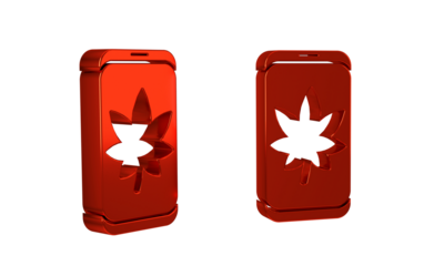 Red Leaf on mobile phone screen icon isolated on transparent background.