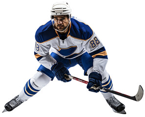 A hockey player in a blue and white uniform and a white helmet stands in a half-bent position with a stick in his hands. Isolated on a transparent background