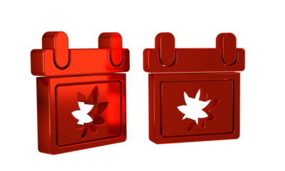 Red Calendar with autumn leaves icon isolated on transparent background.