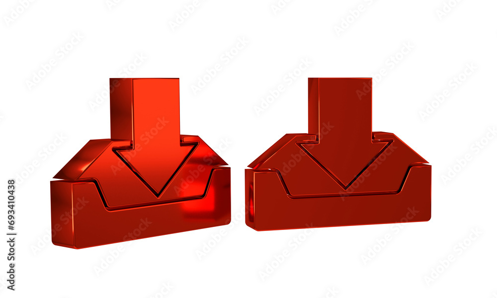 Poster red download inbox icon isolated on transparent background.