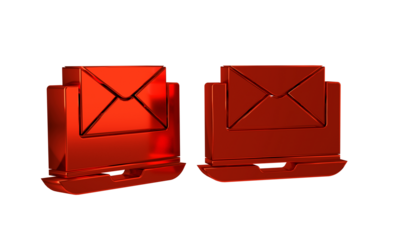 Red Laptop with envelope and open email on screen icon isolated on transparent background. Email marketing, internet advertising concepts.