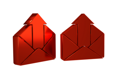 Red Outgoing mail icon isolated on transparent background. Envelope symbol. Outgoing message sign. Mail navigation button.