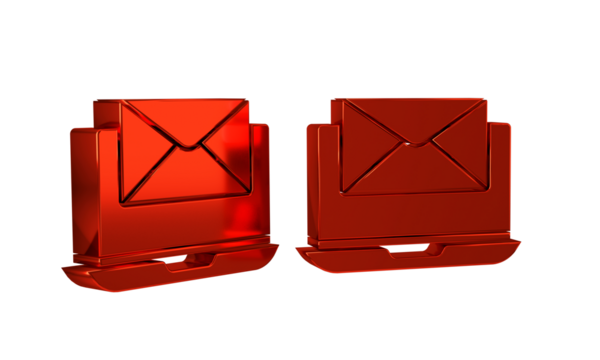 Red Laptop with envelope and open email on screen icon isolated on transparent background. Email marketing, internet advertising concepts. - Powered by Adobe