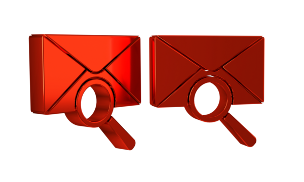 Red Envelope mail with magnifying glass icon isolated on transparent background.