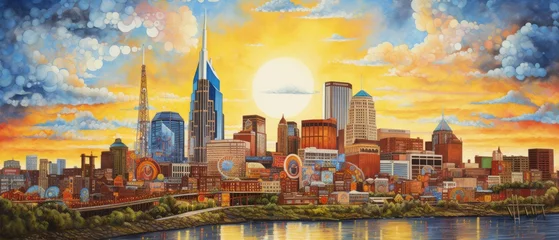 Washable wall murals United States nashville skyline illuminated at dusk with vibrant city lights and iconic landmarks in tennessee, usa