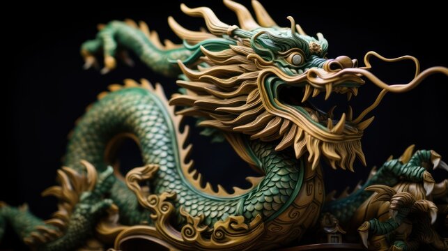 A Powerful green carved wooden dragon terrifying Chinese wood carving art Chinese New Year 2024 concept New Year greeting card background.