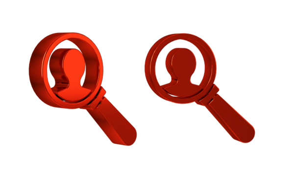 Red Magnifying glass for search a people icon isolated on transparent background. Recruitment or selection. Search for employees and job.