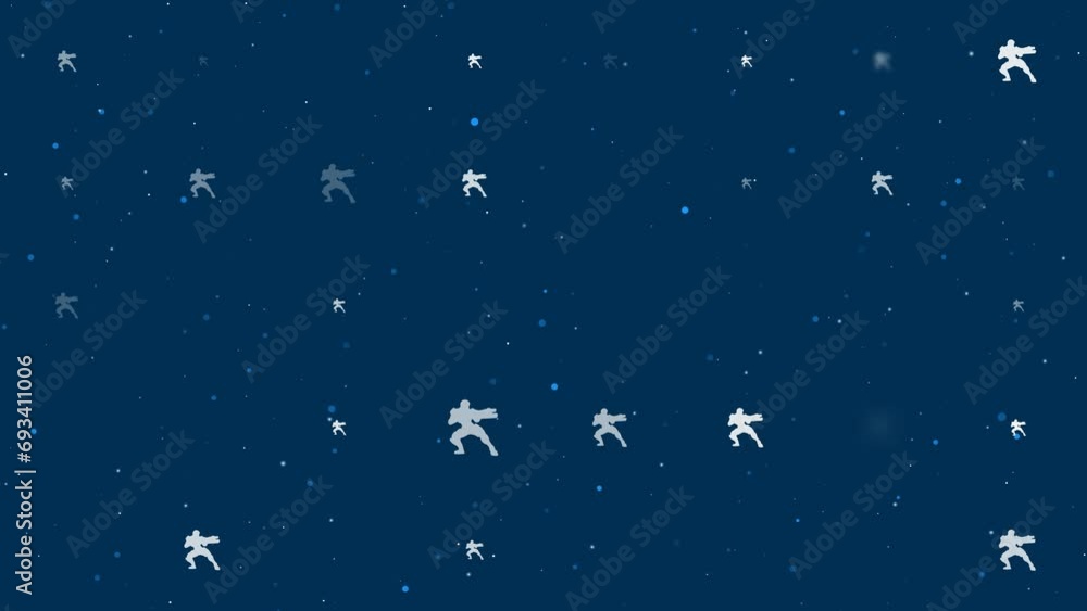 Poster template animation of evenly spaced combat robots of different sizes and opacity. animation of trans