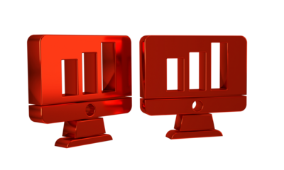 Red Computer monitor with graph chart icon isolated on transparent background. Report text file. Accounting sign. Audit, analysis, planning.
