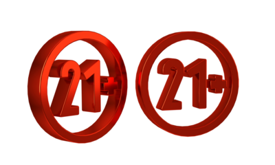 Red 21 plus icon isolated on transparent background. Adults content icon.