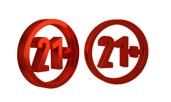 Red 21 plus icon isolated on transparent background. Adults content icon.