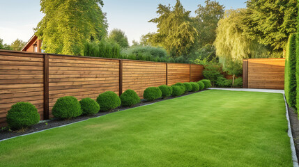 green grass lawn, flowers and wooden fence in summer backyard garden - Powered by Adobe