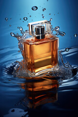 A bottle of amber-colored perfume in water with flying drops and splashes on a blue background. Concept for advertising, poster design about freshness and energy, mockup.