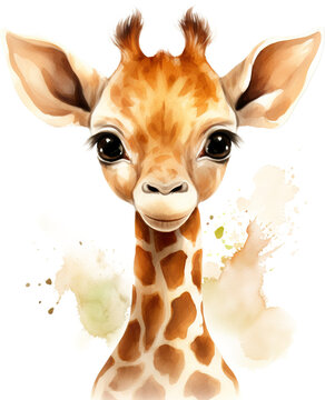 Portrait of giraffe cartoon style, 2d illustration, isolated on transparent background