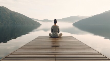 woman meditating while practicing yoga near lake in summer, sitting on wooden pierRear view of unrecognizable serene woman meditating while practicing yoga near lake in summer, sitting on wooden pier - obrazy, fototapety, plakaty