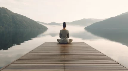 Foto op Canvas woman meditating while practicing yoga near lake in summer, sitting on wooden pierRear view of unrecognizable serene woman meditating while practicing yoga near lake in summer, sitting on wooden pier © Mas