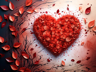 Valentine's Day greeting card design with red heart and leaves, top view.