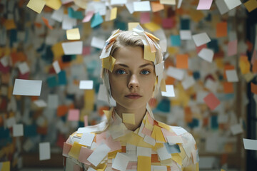 A woman covered in adhesive notes and to-do lists, depicting the concept of drowning in tasks and to-dos  - obrazy, fototapety, plakaty