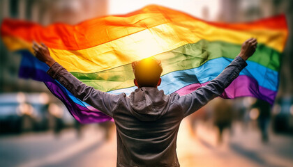 LGBTQ person holding rainbow flag back view in sunlight. copy space, concept  respect the gender diversity, human rights and to celebrate lgbtq in pride month. Proud lesbian,gay,transgender