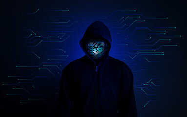 Internet network theft and cyber security. Computer hacker in hoodie with smiley pixel LED display...