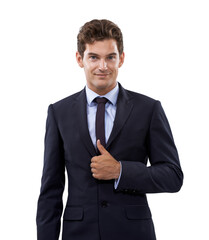 Professional man, thumbs up and success in studio for achievement, support and like emoji or yes hands. Portrait of business person or winner with good job, vote or agreement on a white background