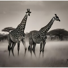 A portrait showcasing a group of giraffes grazing peacefully on the African savanna, their long necks stretched high3