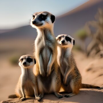 An alert meerkat family posing together for a group portrait in the African desert2