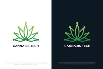 Fotobehang Cannabis with technology logo design creative concept Premium Vector © Alifjatikusuma