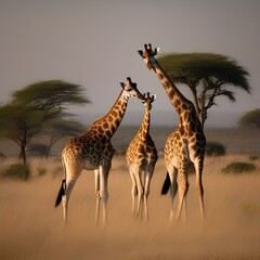 Obraz premium A portrait showcasing a group of giraffes grazing peacefully on the African savanna, their long necks stretched high2