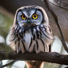 A portrait of a wise-looking owl perched on a branch, observing the night1