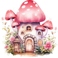 Beautiful mushroom house next to flower garden, cartoon style, 2d illustration, isolated on transparent background