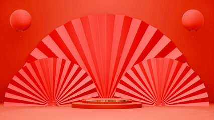 This Lunar New Year advertisement features a stunning 16:9 horizontal set with a vibrant red fan motif that radiates and is expertly designed for maximum impact.