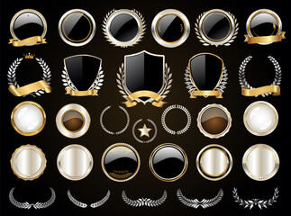 Golden shields laurel wreaths and badges collection 