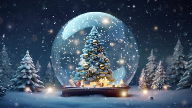 Snow globe with decorated Christmas tree in wintry forest. Holiday season and festive decoration.