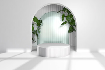 Background rendering with 3d podium and wall scene abstract background. 3D illustration, 3D rendering	
