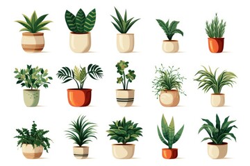 set of potted plant for office decoration isolated on white