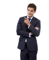 Studio, confident and professional man point at business service, information or sales offer of corporate seller. Finger gun, direction or salesman gesture at discount opportunity on white background