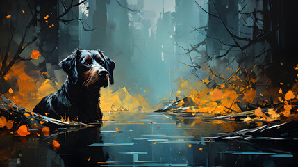 Dog in the Forest, Set Against a Tranquil Blue and Yellow Background, Styled in Dark Cyan and Orange Hues for a Captivating Nature Scene