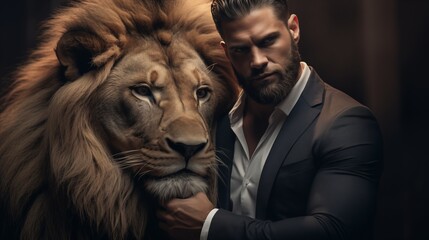 Alpha male concept man with a lion