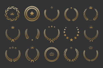 Gold laurel wreath winner award set vector illustration. Silvery branch of olive leaves or stars of victory symbol, triumph emblem decoration design, champion prize isolated on black background - obrazy, fototapety, plakaty