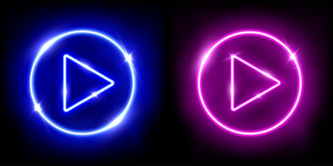 Collection of red and blue neon play buttons 3d vector illustration. Abstract shiny circle rings on black background with glowing triangle. Play icons, Press to start. Multimedia, audio, video, music - obrazy, fototapety, plakaty