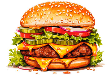 Drawing of a burguer on a transparent background. PNG - obrazy, fototapety, plakaty