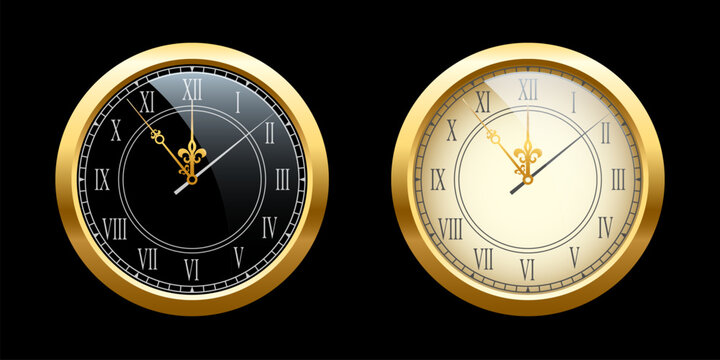 Vintage gold clock face set, elegant roman numerals clock isolated on black background. Realistic classical watch with white and black dial. Time scale under glass. Vector illustration