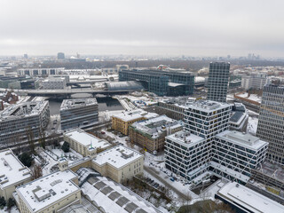 Aerial view of Berlin, Capital of Germany. Aerial winter cityscape of Berlin Main Railway Station,...