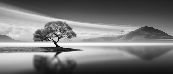 Black and White Minimalist Landscape Photography, Long Exposure Anamorphic Wallpaper Poster Banner Background Digital Art