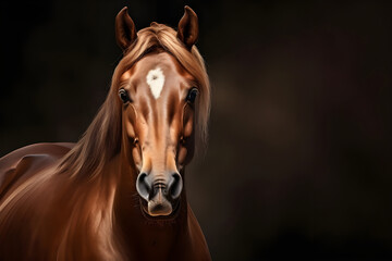 Portrait of a bay horse with long mane on dark background - Ai Generated