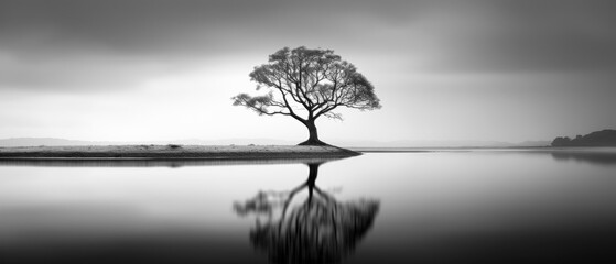 Black and White Minimalist Landscape Photography, Long Exposure Anamorphic Wallpaper Poster Banner Background Digital Art