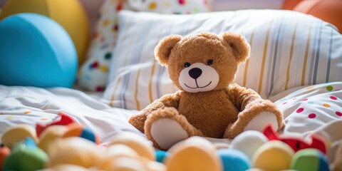 A cute teddy bear is sitting on a child's bed, surrounded by colorful pillows and stuffed animals, 